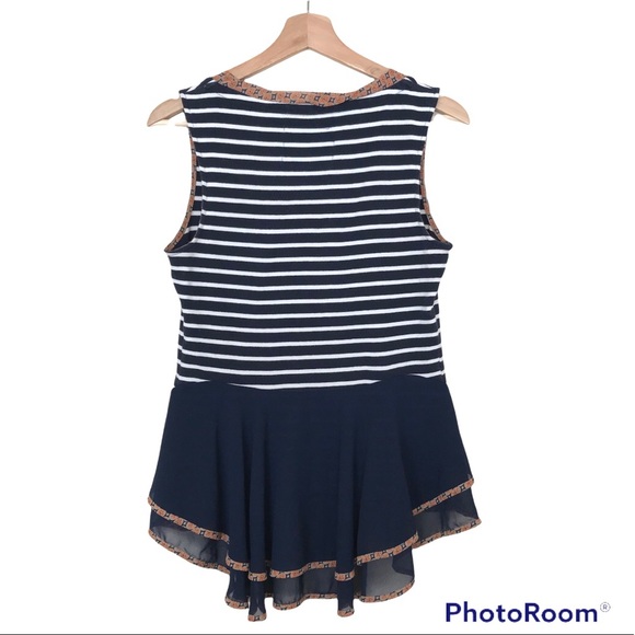 Postmark Anthropologie Navy Blue Stripes Sleeveless Top | Sheer Trim - Picture 5 of 11